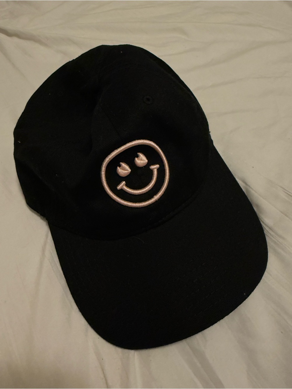 DTTO Black Baseball Cap with Light Pink Smiley Patch